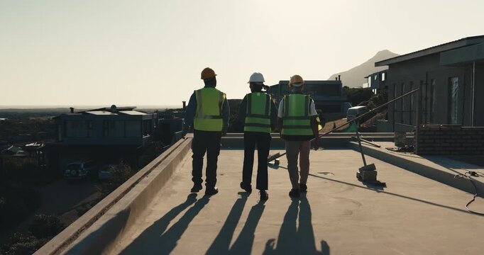 Team, walk or site inspection for concrete terrace, safety check and building progress review. Back of people, foreman or talk for phase assessment, structural integrity or compliance in construction