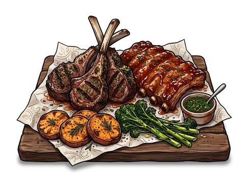 Grilled lamb chops and barbecue ribs platter with roasted potatoes broccolini and chimichurri sauce