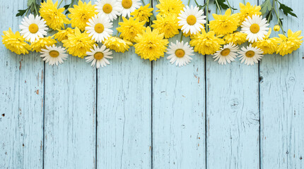 Fototapeta premium Yellow Daisy Flowers on Rustic Wooden Background with Natural Spring and Summer Floral Beauty, Closeup Blossom and Botanical Nature Decoration for Garden and Meadow Themes