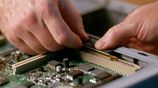 Close up view of hands installing a memory chip onto a computer motherboard inside a desktop computer case during hardware maintenance task