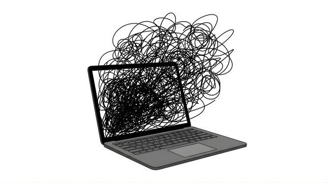 Laptop computer with chaotic scribble lines symbolizing stress and burnout