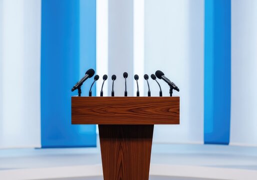 Multiple professional microphones stand on a sleek wooden lectern inside a bright briefing room with blurred blue and white fabric panels, information, professional, news