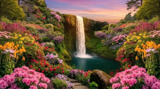 Beautiful waterfall surrounded by lush colorful blooming flower garden at sunset