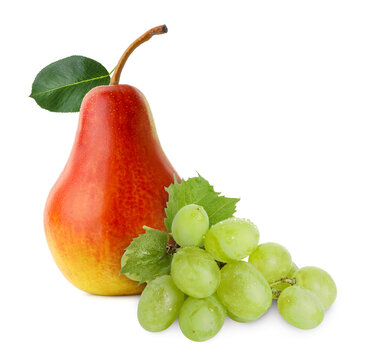 Fresh pear and grapes isolated on white. Combination of flavors