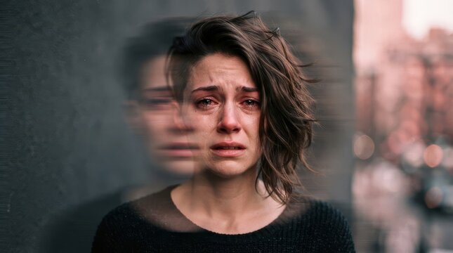 Portrait of sad crying woman with tears on face looking at camera. Emotional stress, grief and mental health concept. Double exposure effect symbolizing depression, anxiety and psychological problems.