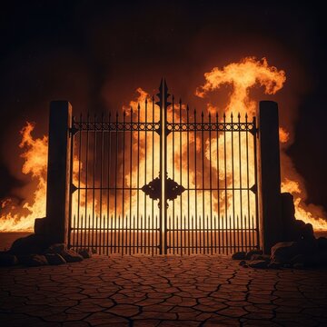 Spiked iron gates emerge from parched earth in a desolate realm where massive firestorms swirl behind bars, crafting a dark infernal landscape, cracked, embers, bars