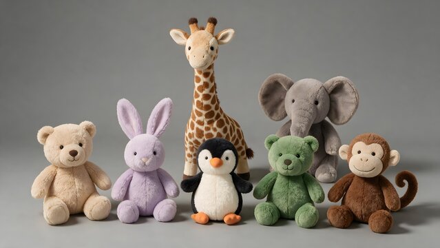 Adorable plush animal collection featuring giraffe, bear, rabbit, penguin, elephant, frog and monkey toys arranged against a soft gray background