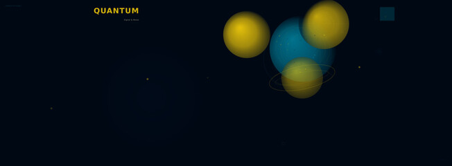 Fototapeta premium Quantum atom model illustration. Blue nucleus with yellow electrons orbiting structure. Futuristic science concept, technology background, and molecular biology abstract vector design.