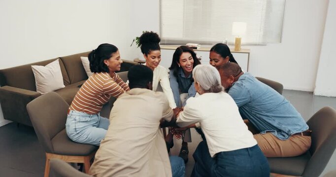 Happy, people or hands together with support group for social inclusion, mission or cohesion. Community, pilling or stack with smile or applause for counseling session, team building or collaboration