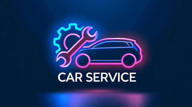 Bright neon car service logo with glowing automobile, gear, and wrench outline on dark blue background for modern mechanic garage sign