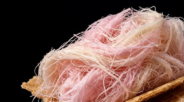 Delicate pink cotton candy spun sugar dessert resting on crunchy golden wafer isolated against a dark deep black background studio