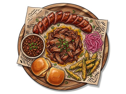 American barbecue platter with pulled pork smoked sausage baked beans buns and fried okra artwork