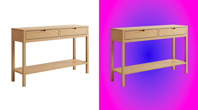 A light wooden console table with two drawers and a lower shelf, isolated on a white background, for furniture catalog presentation