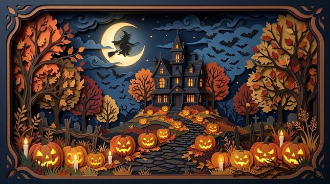 3D Papercraft Halloween Scene with Haunted House and Glowing Jack-o'-Lanterns