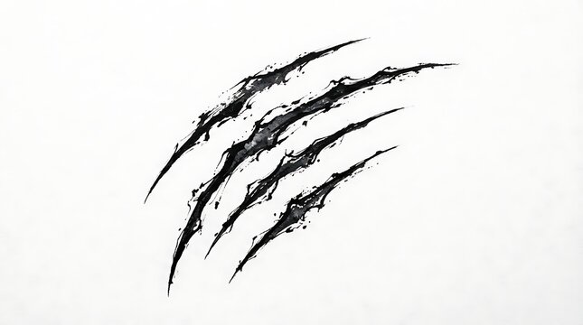 Black and white illustration of sharp animal claw marks scratching through a white background surface