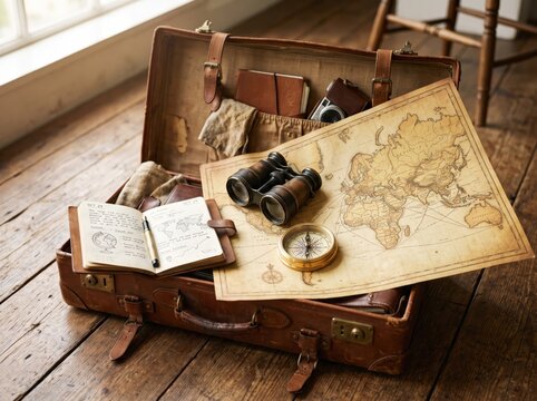 Vintage suitcase filled with an old world map, brass compass, antique binoculars, and leather journal for travel planning