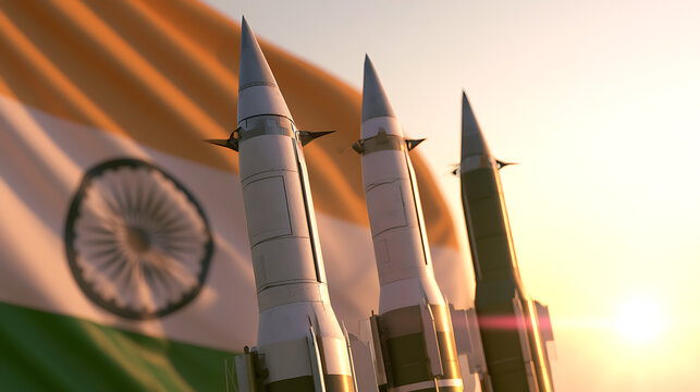 Indian National Flag in Front of Missiles, India Defense and Military Technology Concept, Missile Systems, National Security, Armed Forces, and Strategic Defense