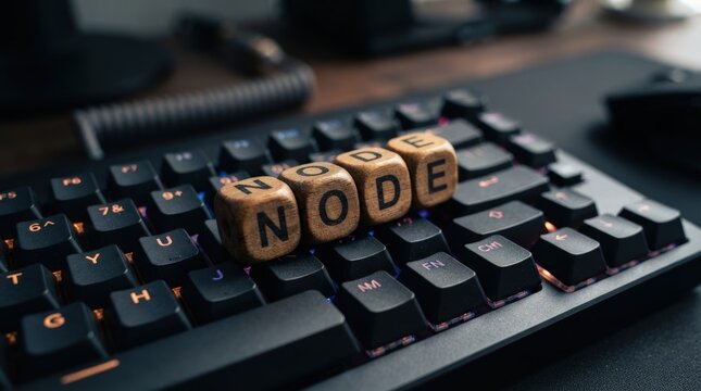 Close-up stock photo of wooden block letters spelling NODE on a mechanical keyboard with circuit board background perfect for tech marketing.