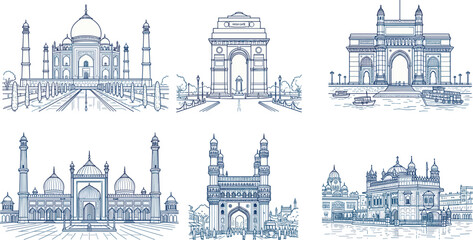 Obraz premium India Famous Landmarks Blue Line Art Vector Set with Taj Mahal, India Gate, Gateway of India, Jama Masjid, Charminar, and Golden Temple Sketch Illustration
