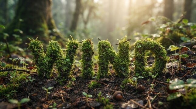 Stunning moss-covered lettering spelling nature in a lush forest setting with soft sunlight filtering through trees perfect for eco branding, website banners, and sustainable marketing materials.