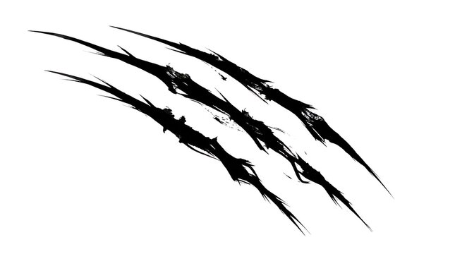 Black claw marks isolated on a white background representing a wild animal attack or aggressive scratch design
