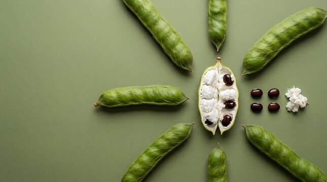 Fresh green ice cream bean pods arranged in a circular sunburst pattern on a matching light green background flat lay
