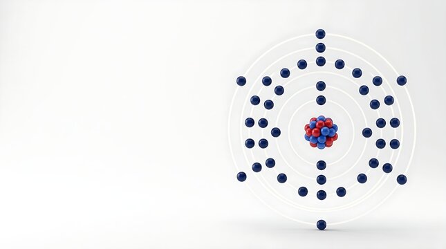 Atomic model structure featuring a dense central nucleus with bright red and blue protons and neutrons surrounded by electron orbits
