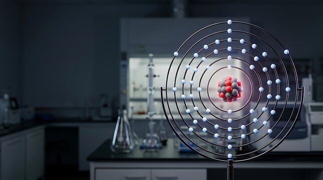 Complex atomic structure model with glowing blue orbital electrons and a dense red and grey nucleus inside a modern laboratory