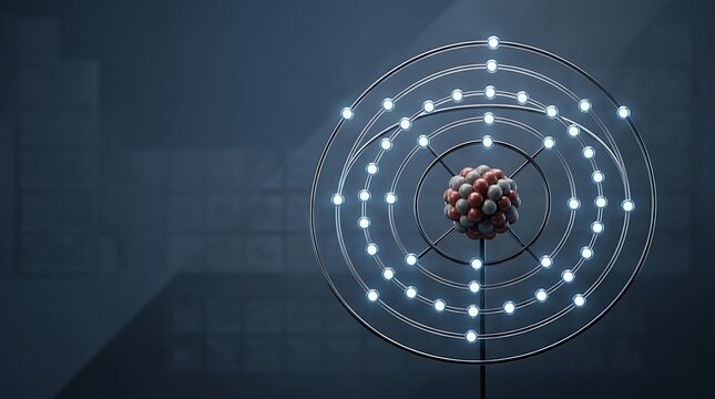 Atomic structure model showing a dense nucleus surrounded by glowing orbital electrons arranged in concentric rings within dark blue space