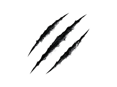 Black claw marks isolated on a white background representing a wild animal scratch or aggressive damage