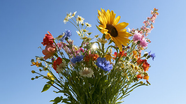 Vibrant bouquet of fresh wildflowers featuring sunflower Helianthus annuus and chamomile Matricaria chamomilla under bright blue sky
