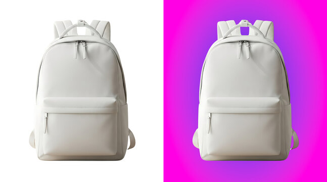 A plain white backpack with two shoulder straps and front zipper pocket, isolated on a white background, for fashion and, travel gear mockups