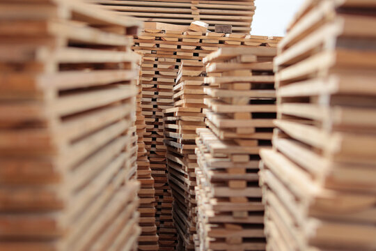 Sharp central stack of lumber surrounded by blurred piles. Depth perspective creates industrial corridor between wooden planks. Industrial timber yard storage