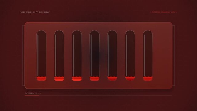 Futuristic Digital Interface Displaying Fluid Dynamics in a Tube Array with Fluctuating Liquid Levels and Critical Pressure Leak Alert