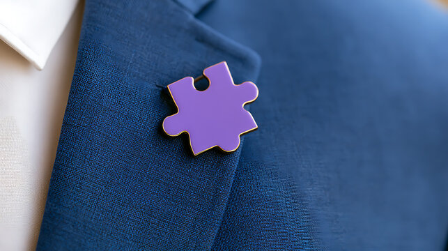 A close up view of a purple puzzle piece lapel pin fastened on a professional blue suit jacket lapel representing teamwork and strategy