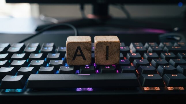 Stylish wooden AI block letters on illuminated mechanical keyboard showcasing futuristic tech perfect for marketing banners, website backgrounds, and tech industry presentations.