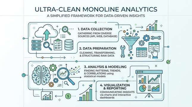 Simplified data analytics framework infographic with icons and charts