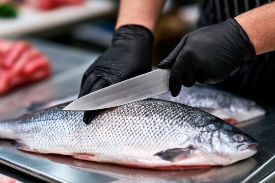 Professional chef in gloves preparing raw fish for cooking in kitchen