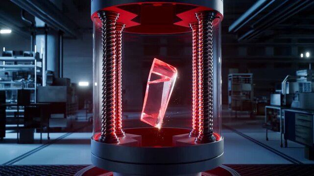 Red illuminated crystal rotates inside cylindrical display chamber with dark industrial laboratory background, glowing geometric object changing orientation under dramatic blue and red lighting