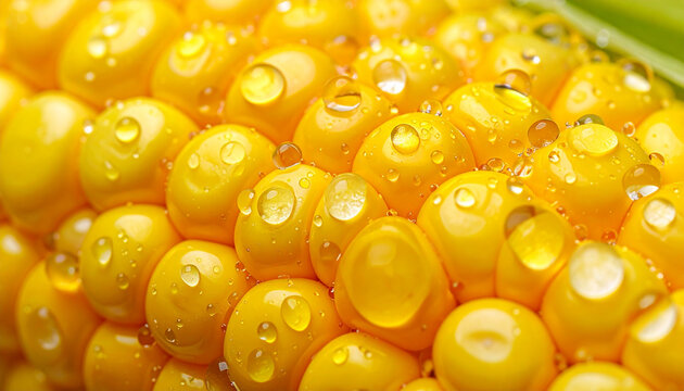 Macro Close-up of Fresh Corn Kernels with Water Droplets
