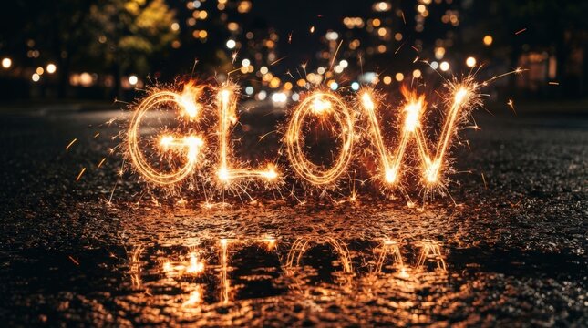 Stunning sparkler text spelling GLOW in vibrant orange sparks over wet pavement at night perfect for marketing banners, social media ads, or dynamic website backgrounds.
