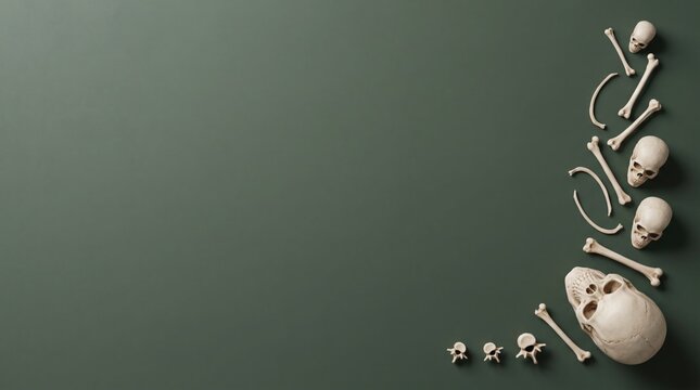 Dark landscape halloween 3d skulls and bones arranged on a textured green background