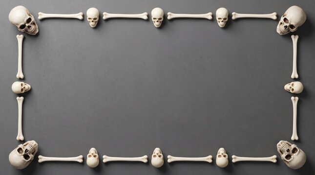 Landscape halloween 3d skulls and bones frame on a dark grey background
