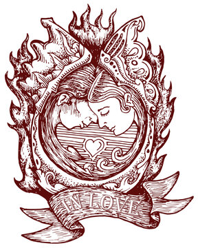 Hand-drawn vector illustration of a loving couple facing each other inside an ornate, flaming heart frame. The design features detailed cross-hatching and line art