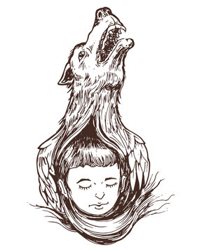 Boy Wearing Howling Wolf Head Headdress Monochromatic Vector Illustration