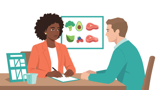 Dietitian conducts a nutritional consultation with a man, discussing healthy food choices using a dietary plan.