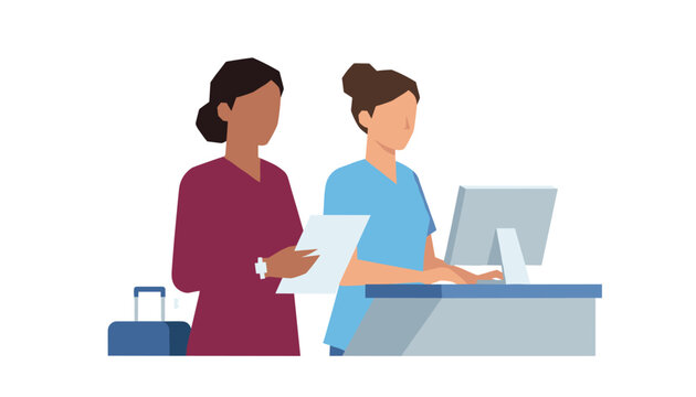Hospital receptionists working at a front desk with a computer and patient documents for administrative check-in.