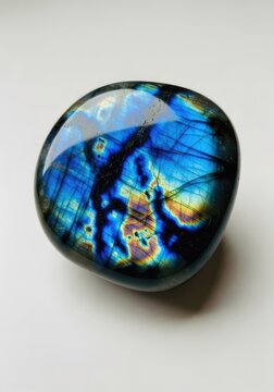 A stunning polished labradorite gemstone showcases a vibrant iridescent glow of deep blue and electric green flashes on a clean background, mystic, blue, iridescent