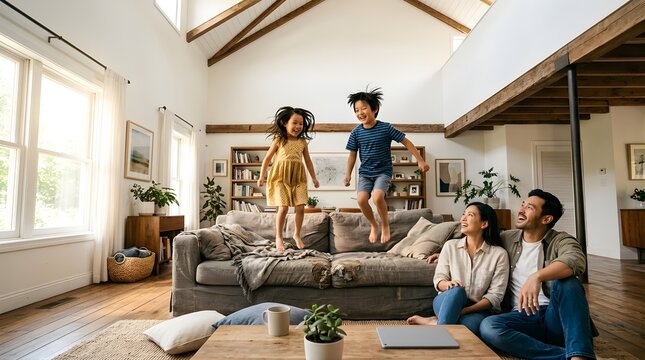 Happy Asian family playing and jumping on sofa in modern home interior