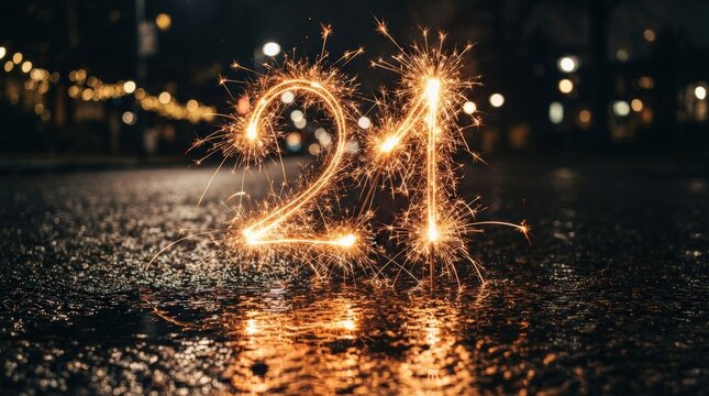 Stunning sparkler number twenty one glowing on wet pavement at night perfect for new year eve party backdrop marketing banner.